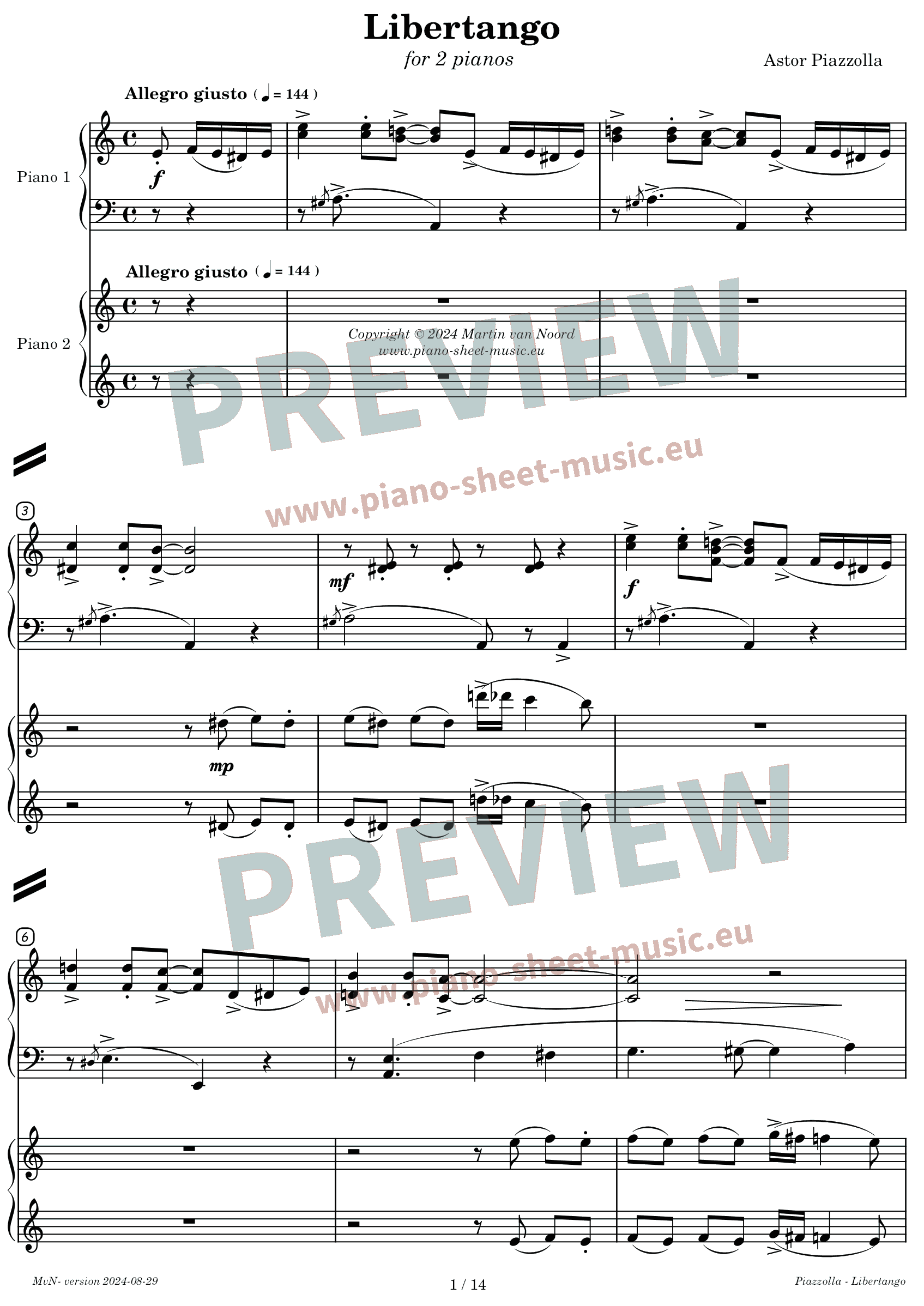 Piazzolla -Libertango -Preview sheet music for two pianos -page 1