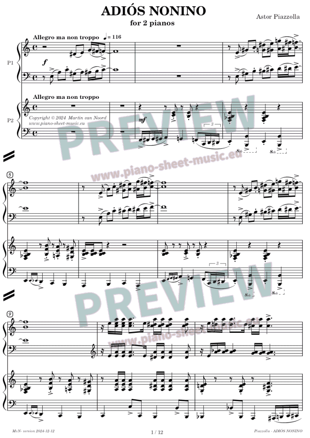 Piazzolla -Adios Nonino - piano sheet music for two pianos -page 1