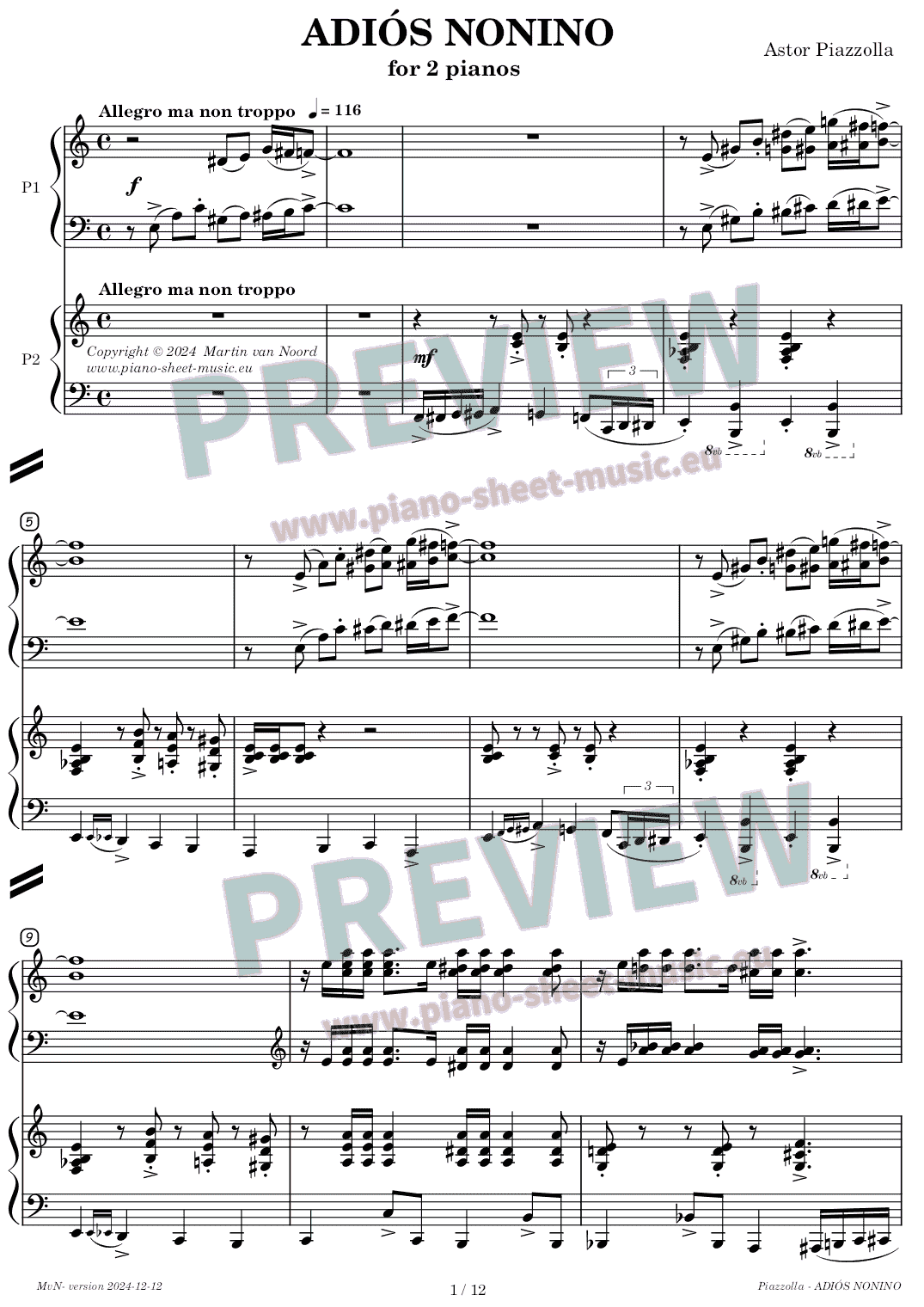 Piazzolla -Adios Nonino- sheet music preview- two pianos -PDF page 1