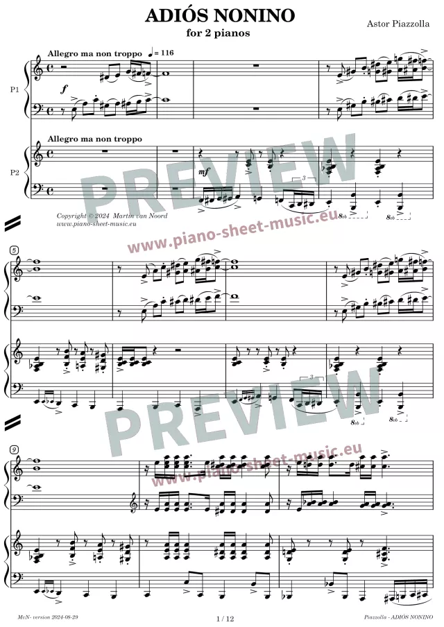 Piazzolla -Adios Nonino -piano sheet music - for two pianos -PDF-page 1