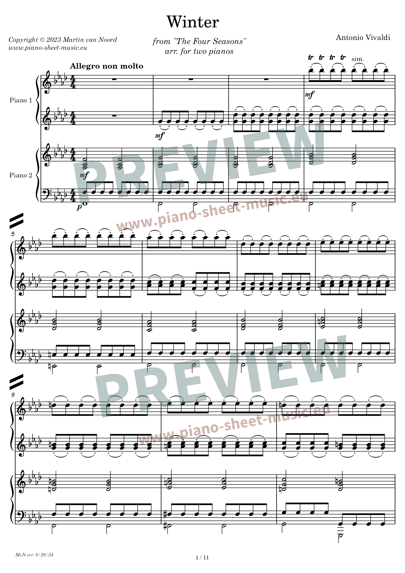 Vivaldi -Winter -sheet music arranged for two pianos four hands - page 1