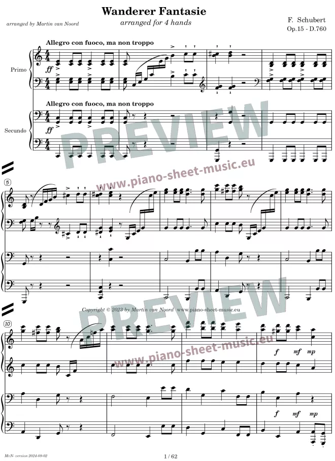 Schubert -Wanderer Fantasy Op.15 -piano duet sheet music-page 1