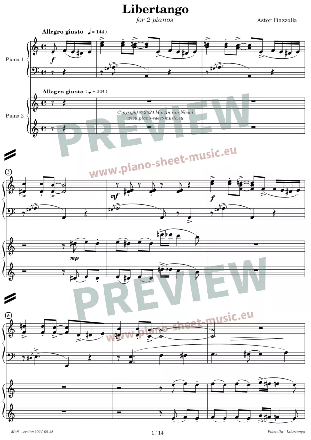 Piazzolla -Libertango -Preview sheet music for two pianos -page 1